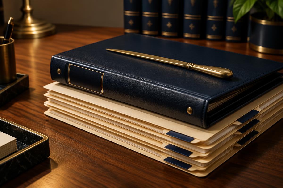Organized case files and a trial exhibit binder on a desk