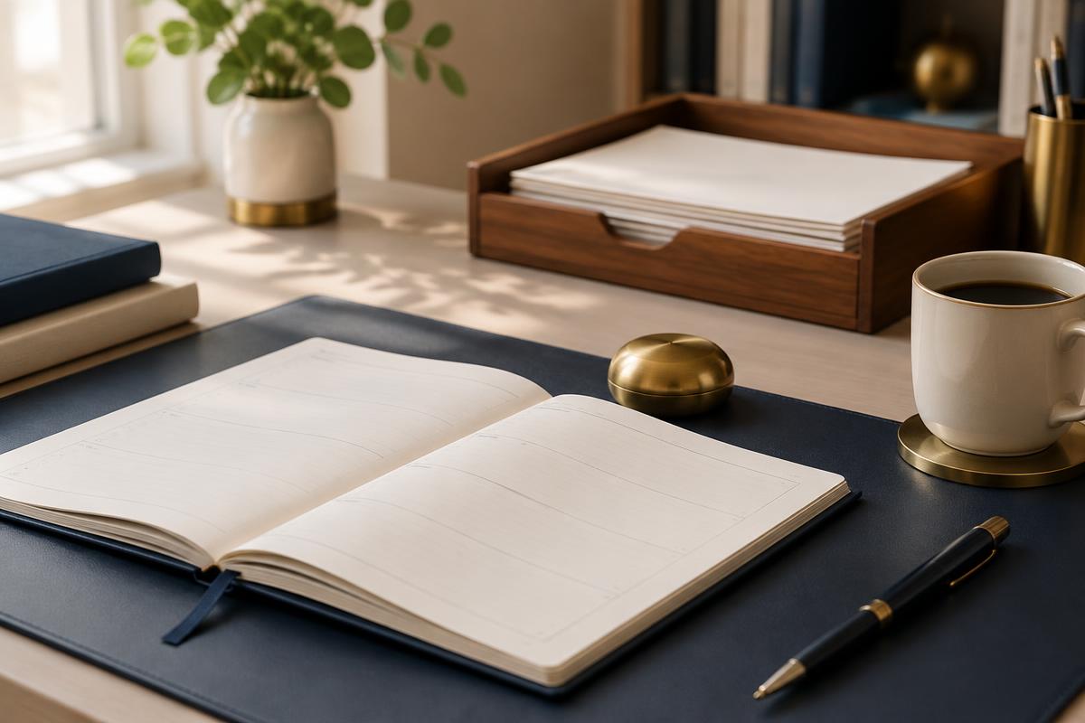 Open planner, invoices and a brass paperweight on a desk